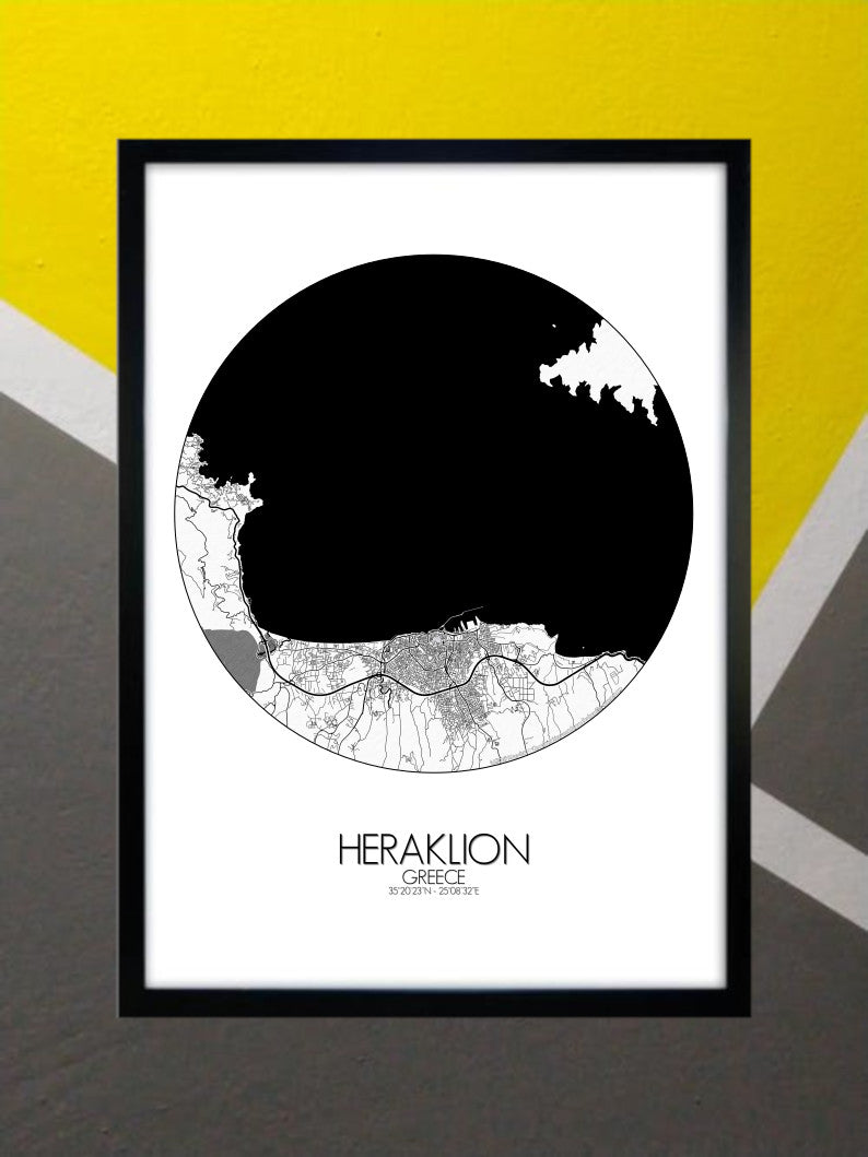 Mapospheres Heraklion Black and White round shape design poster city map
