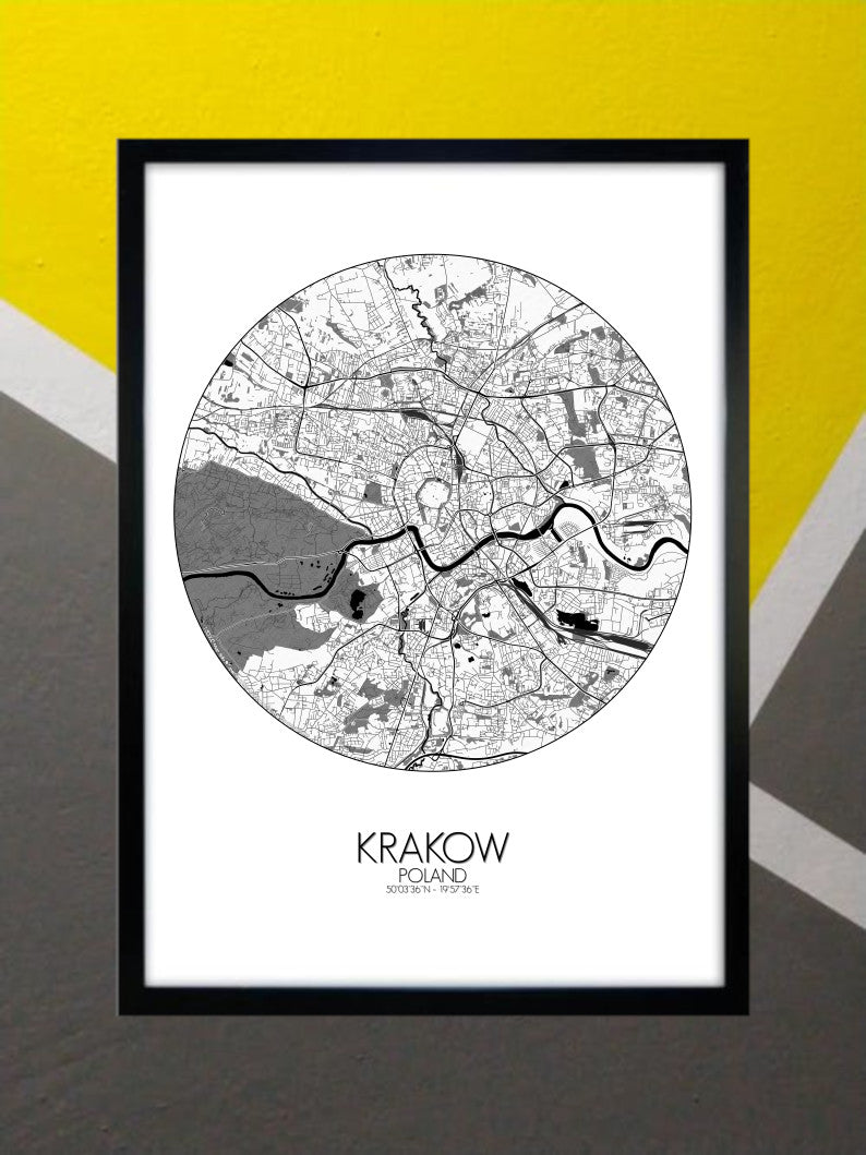 Mapospheres Crakow Krakow Black and White round shape design poster city map