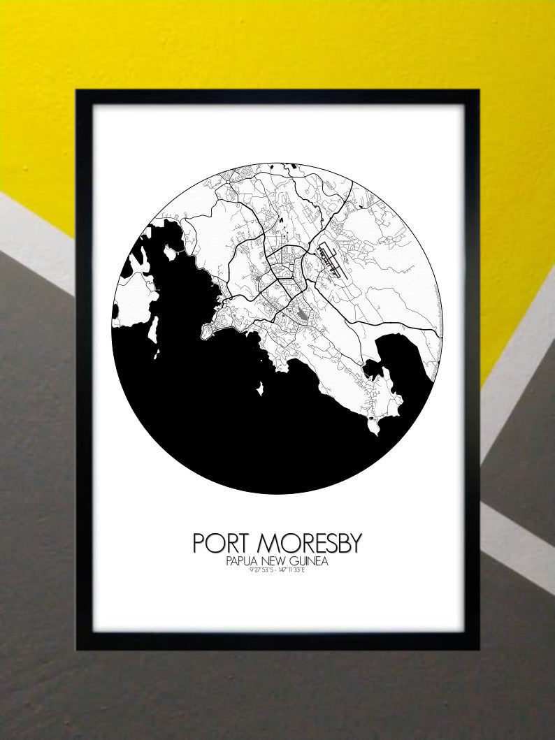 Mapospheres Port Moresby Black and White round shape design poster city map