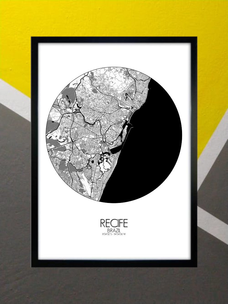 Mapospheres Recife Black and White round shape design poster city map