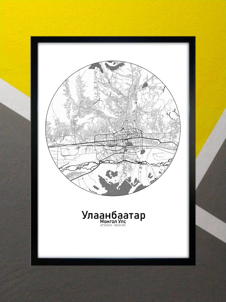 Ulaan Baatar Black and White round shape design poster city map