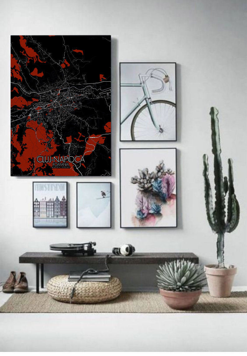 Mapospheres Cluj-Napoca Red dark full page design poster city map 
