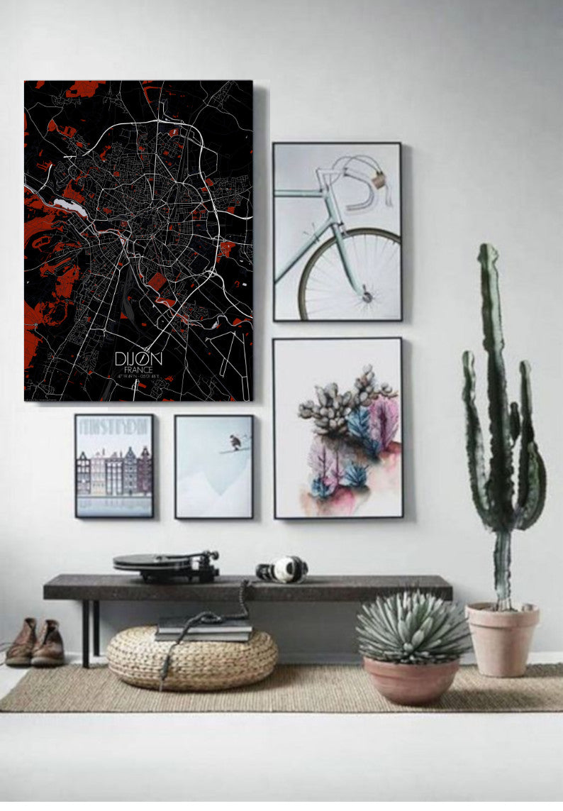 Mapospheres Dijon Red dark full page design poster city map 