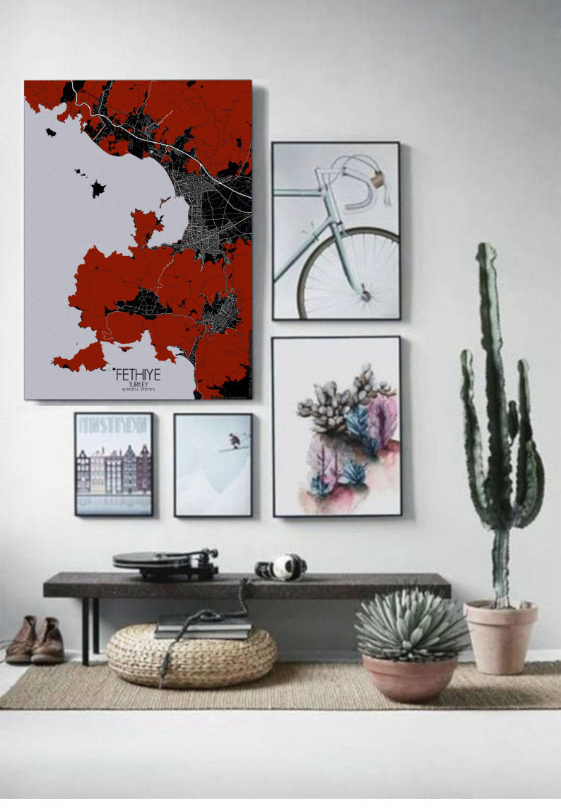 Mapospheres Fethiye Red dark full page design poster city map 