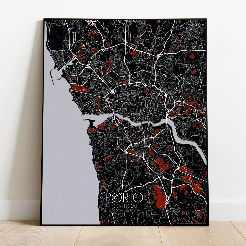 Mapospheres Porto Red dark full page design poster city map