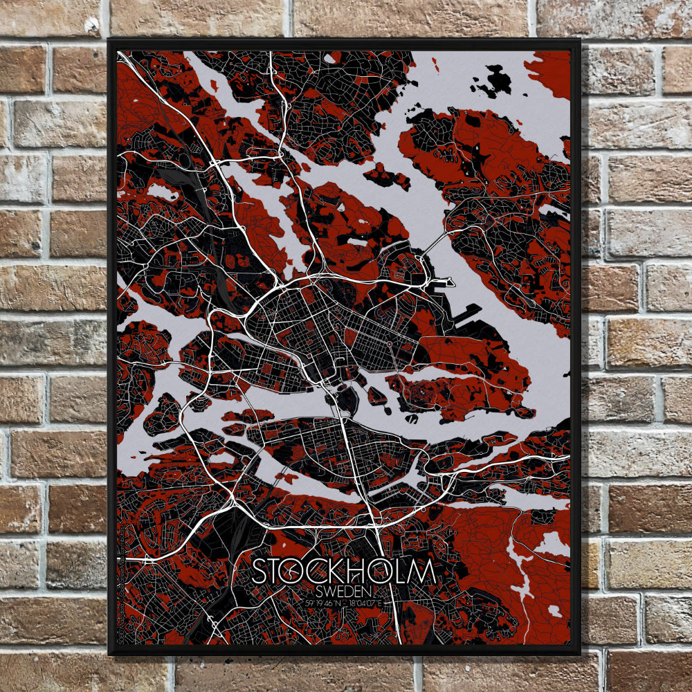 Mapospheres stockholm Red dark full page design poster city map 