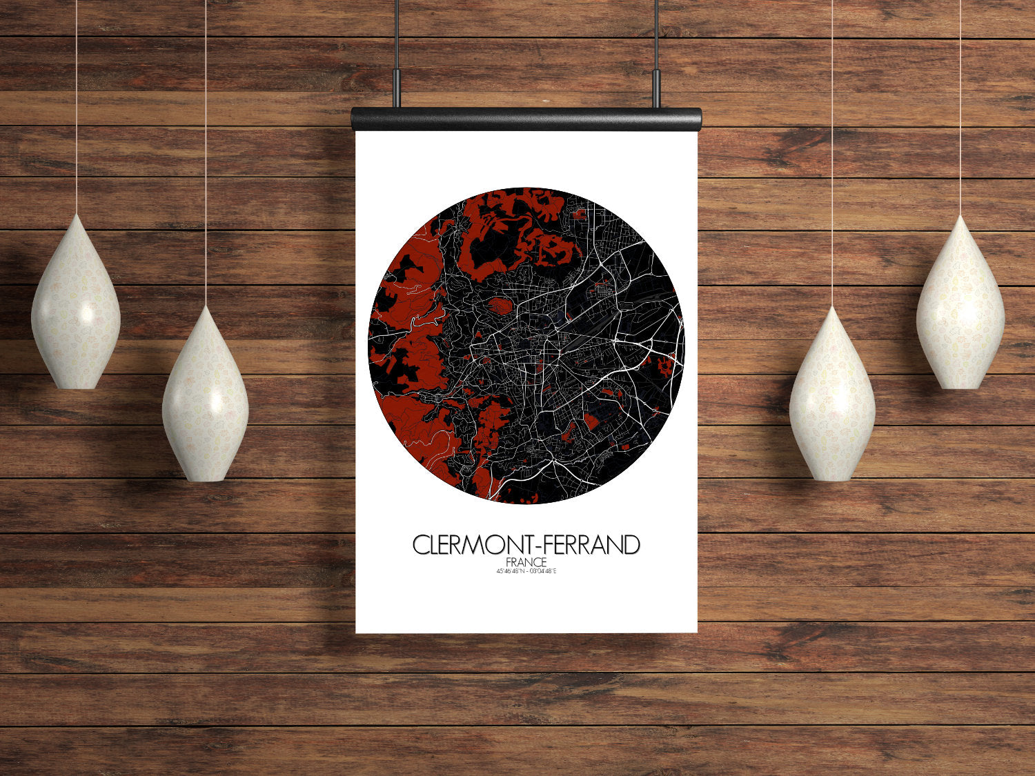 Mapospheres Clermont Red dark round shape design poster city map