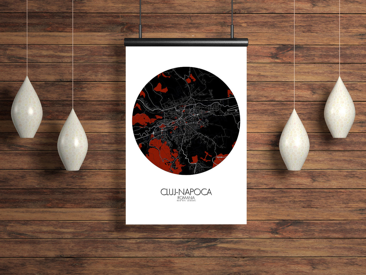 Mapospheres Cluj-Napoca Red dark round shape design poster city map