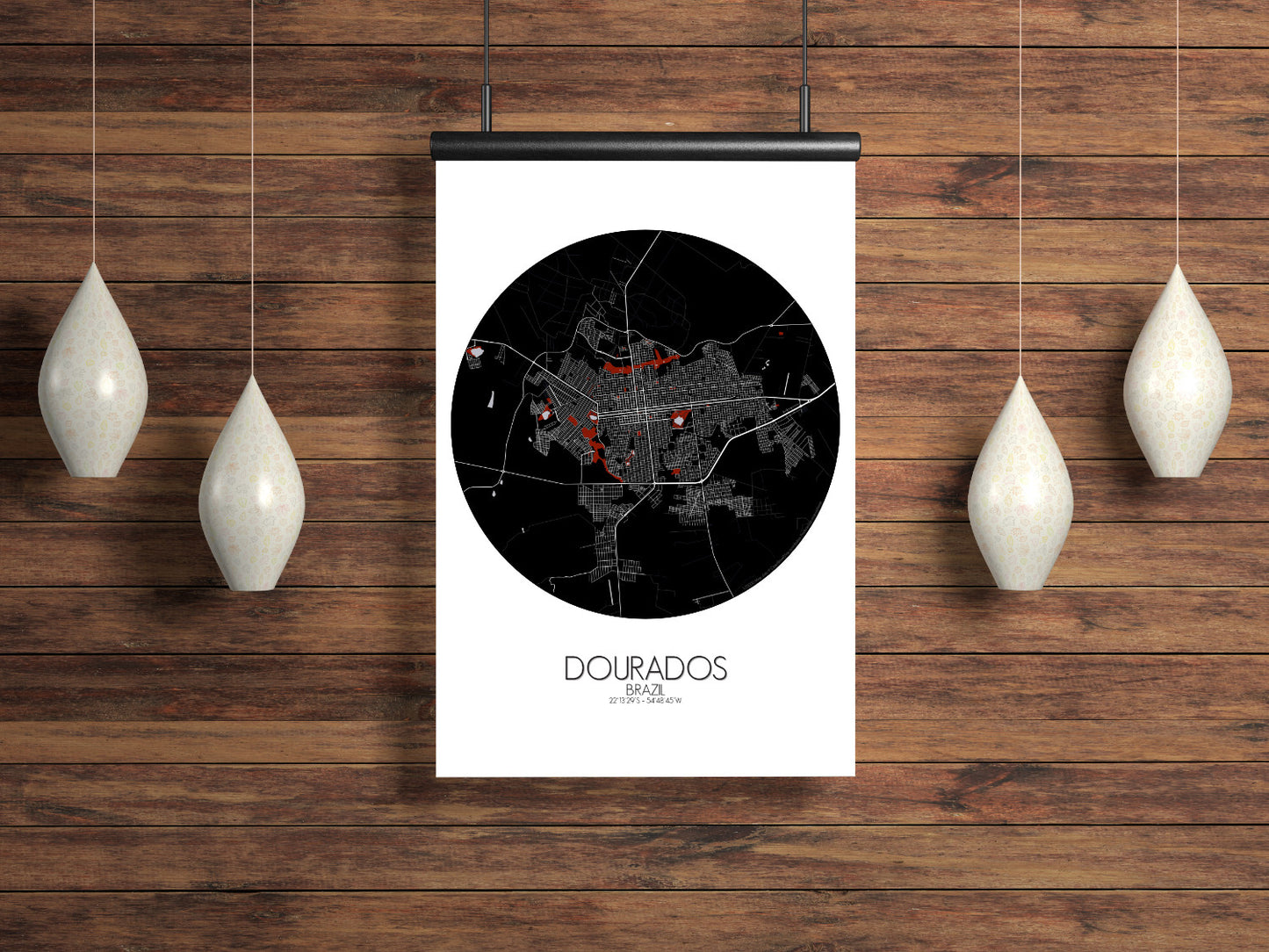 Mapospheres Dourados Red dark round shape design poster city map