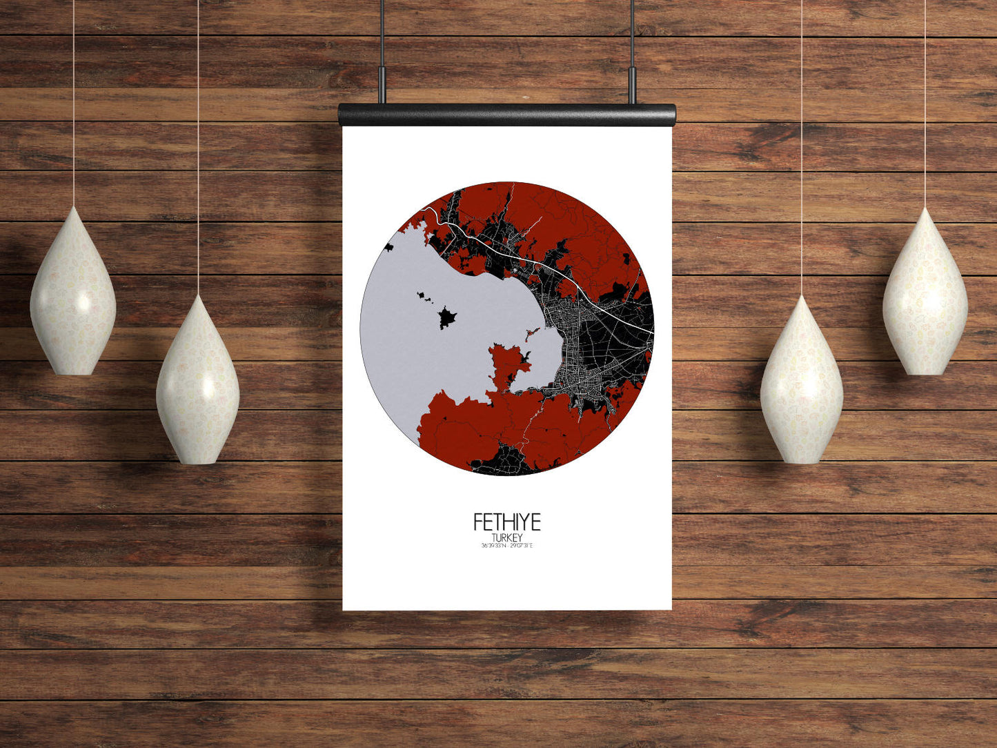 Mapospheres Fethiye Red dark round shape design poster city map