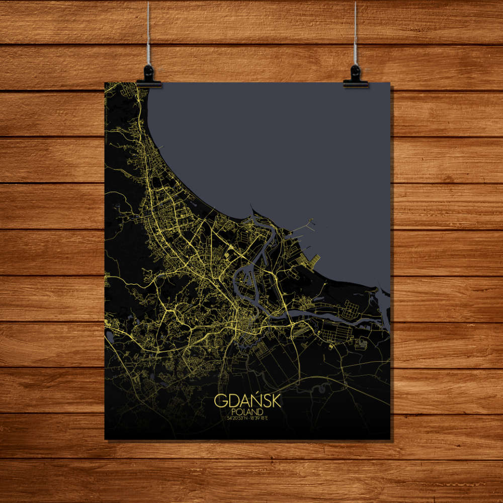 Mapospheres Gdansk Night Design full page design poster affiche city map