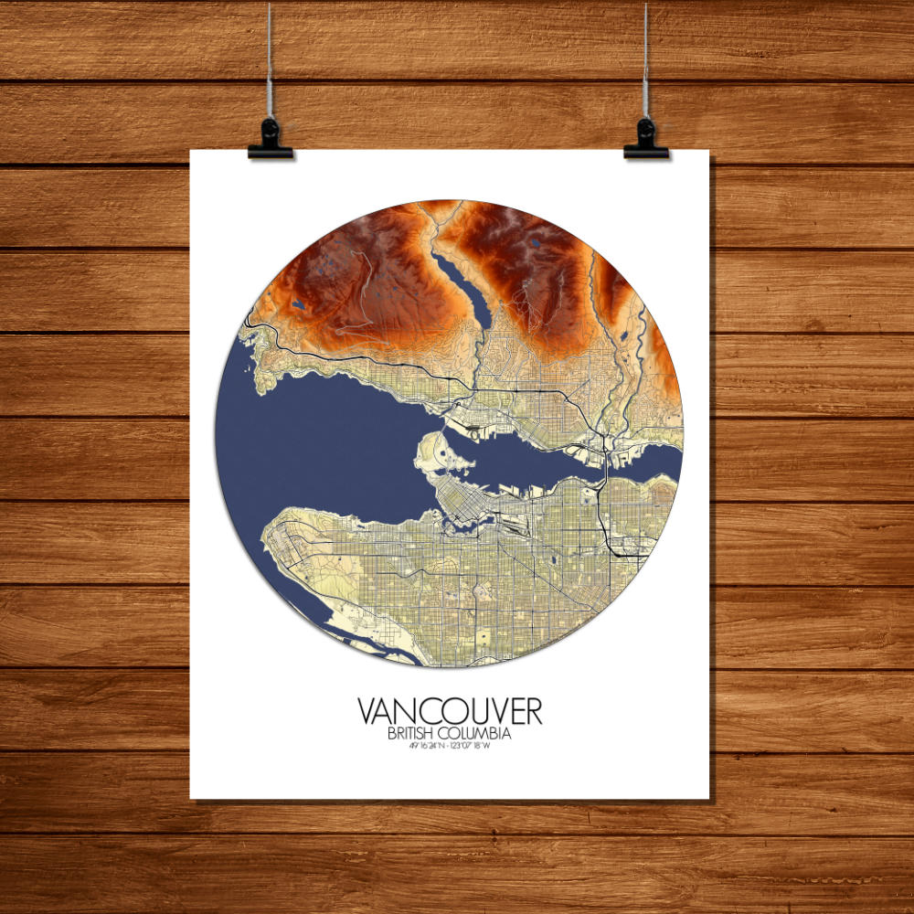 Mapospheres Vancouver round shape design poster elevation map