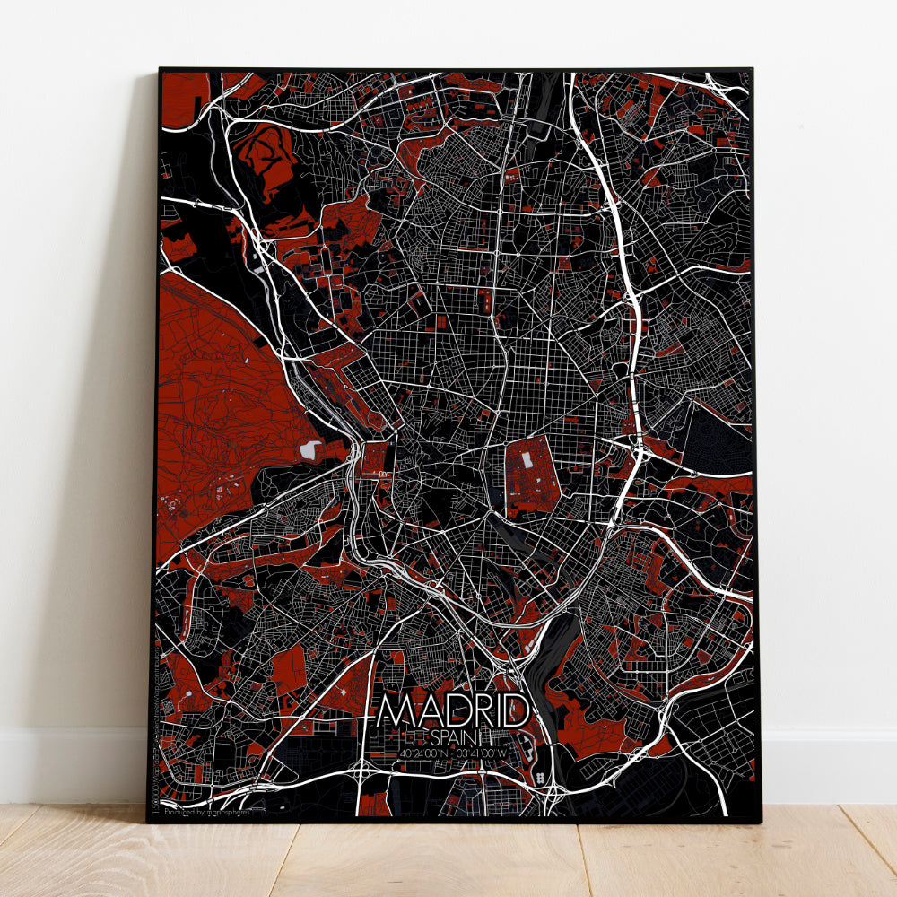 Mapospheres Madrid Red dark full page design poster  affichecity map