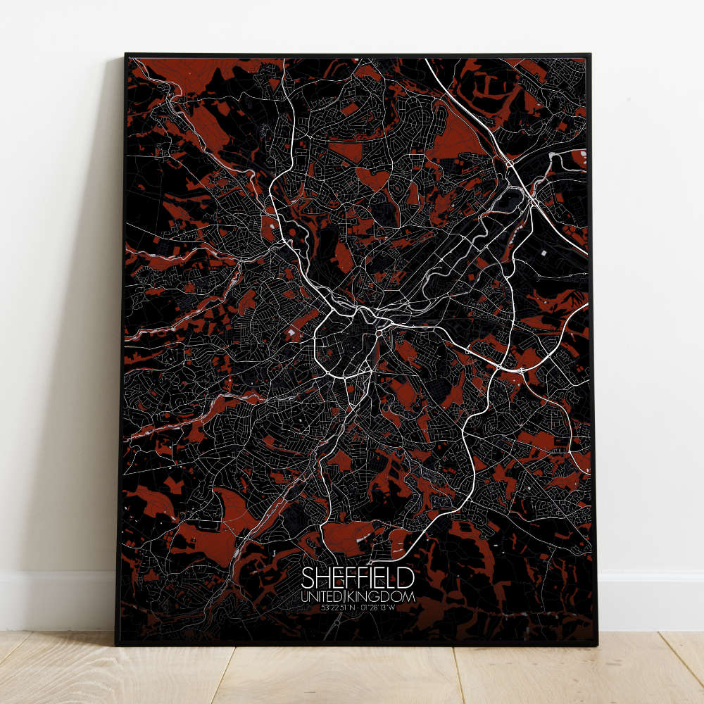 Mapospheres Sheffield Red dark full page design poster city map