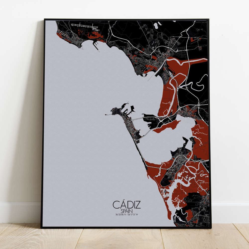 Mapospheres Cadiz Red dark full page design poster city map