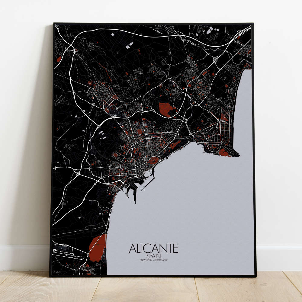 Mapospheres Alicante Red dark full page design poster  affichecity map