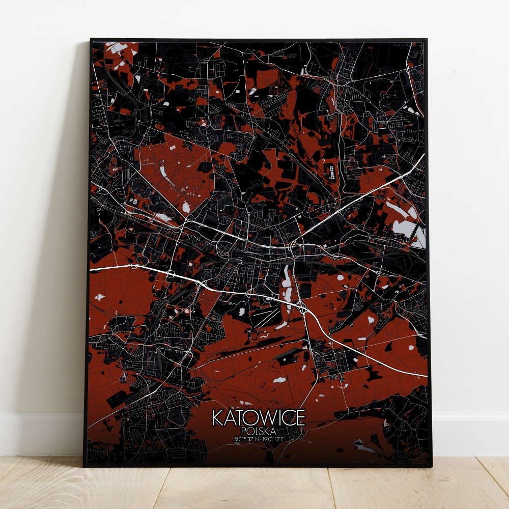 Mapospheres Katowice Red dark full page design poster city map