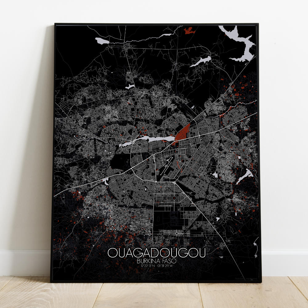 Mapospheres Ouagadougou Red dark full page design poster city map