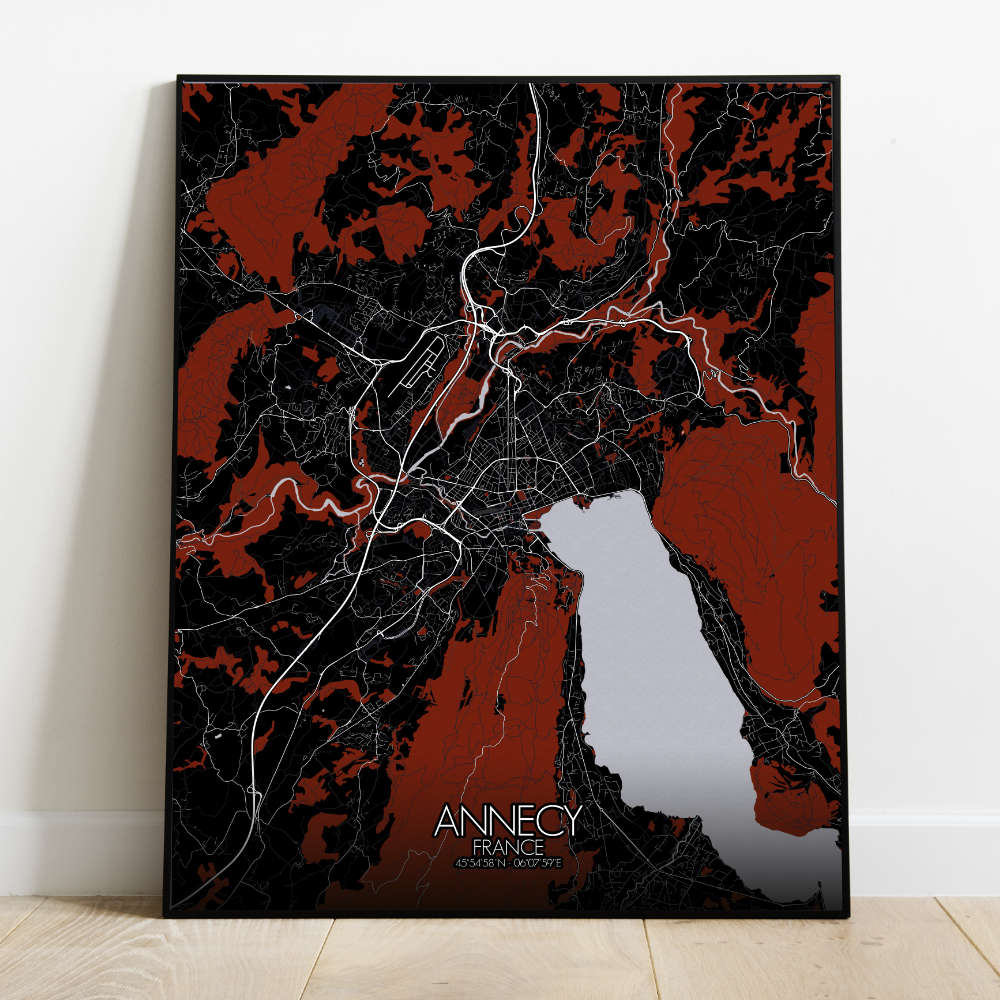 Mapospheres Annecy Red dark full page design poster city map