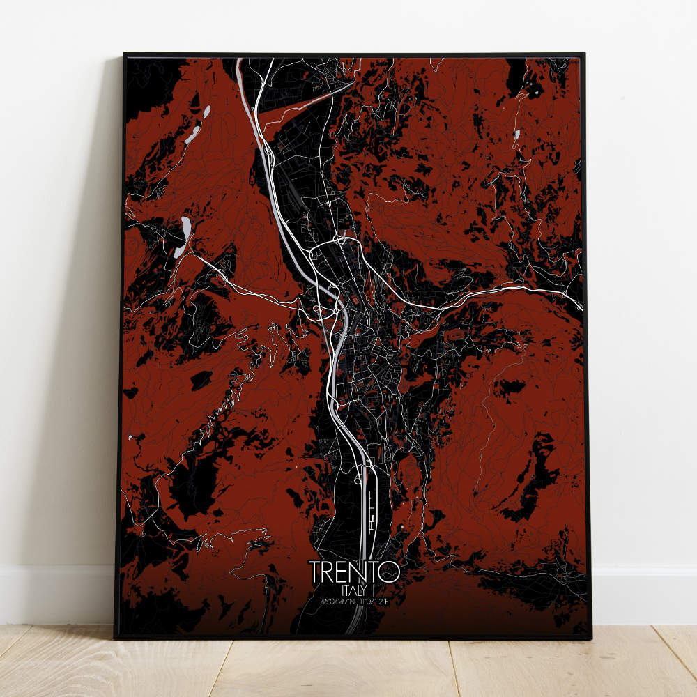 Mapospheres Trento Red dark full page design poster  affichecity map