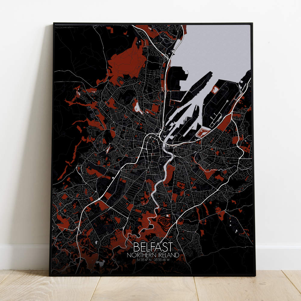 Mapospheres Belfast Red dark full page design poster city map