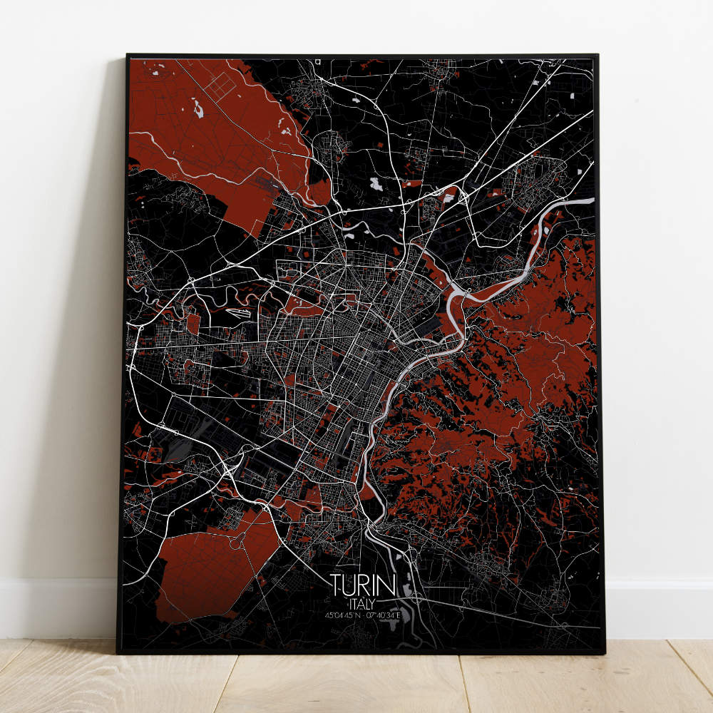 Mapospheres Turin Red dark full page design poster  affichecity map