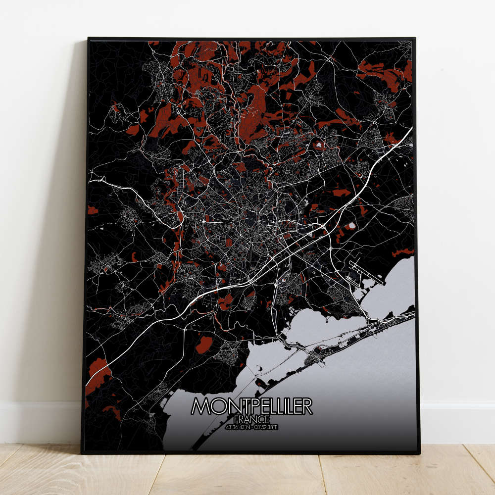 Mapospheres Montpellier Red dark full page design poster city map