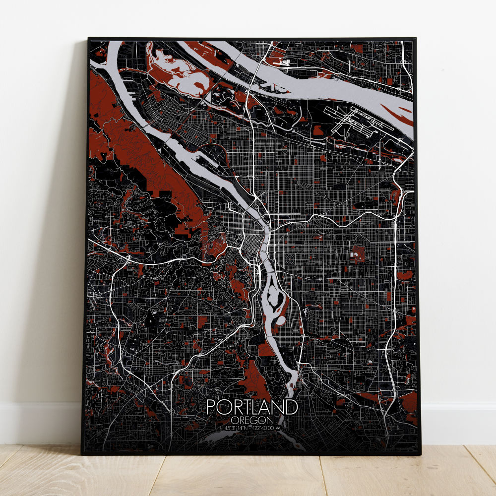 Mapospheres Portland Red dark full page design poster city map