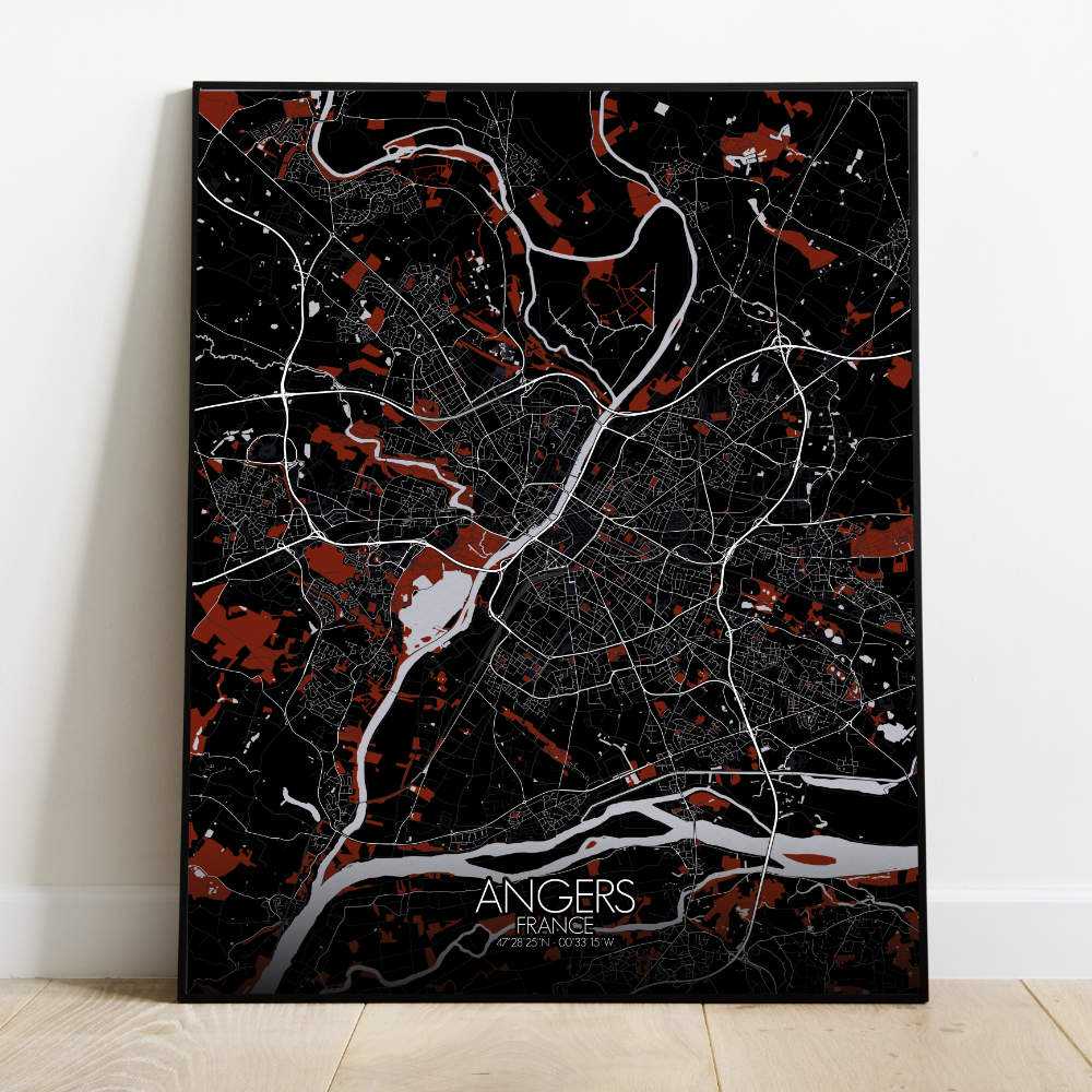 Mapospheres angers Red dark full page design poster city map