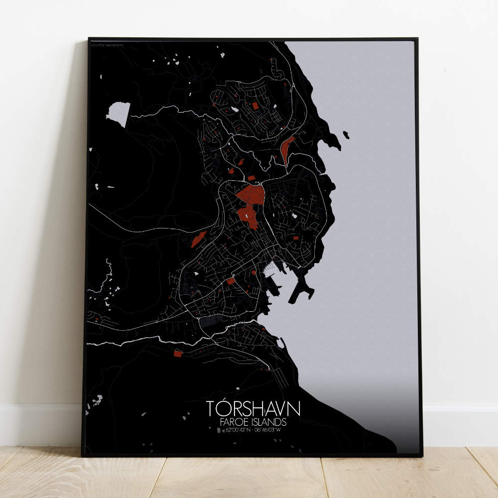 Mapospheres Torshavn Red dark full page design poster city map