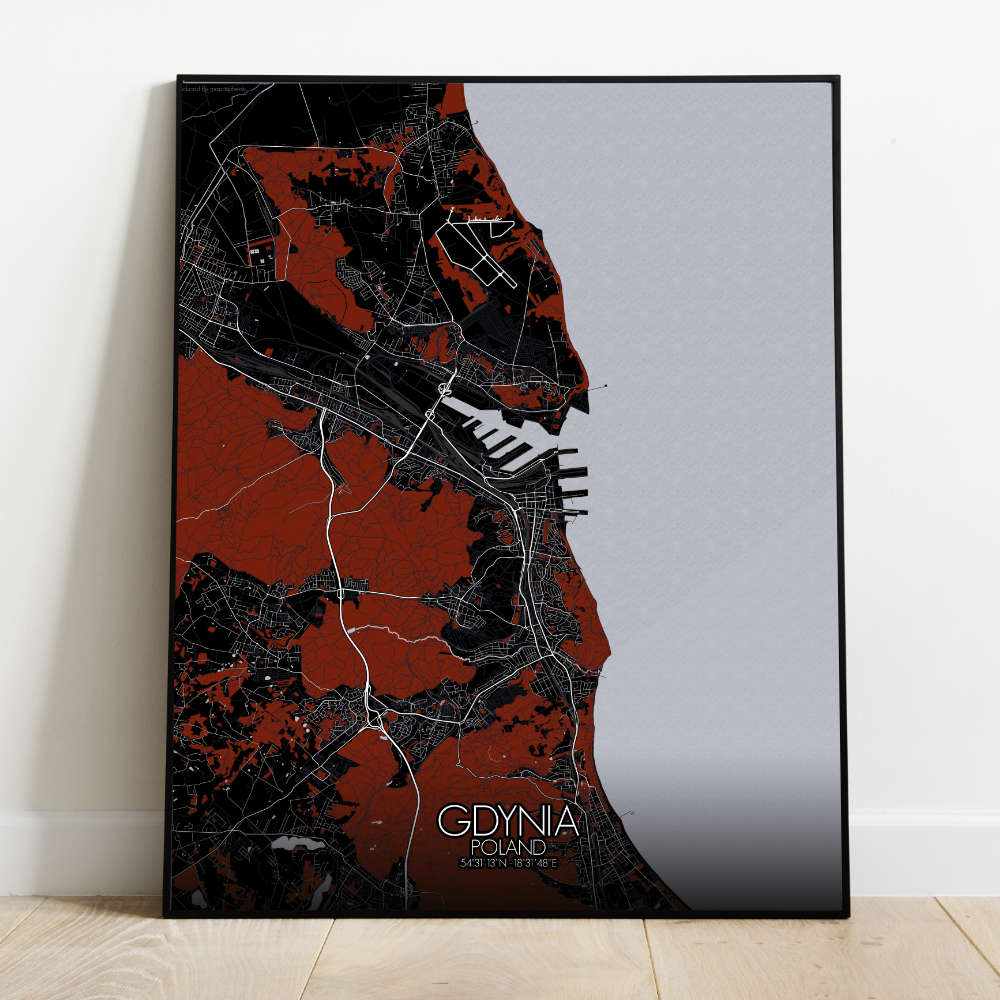 Mapospheres Gdynia Red dark full page design poster city map