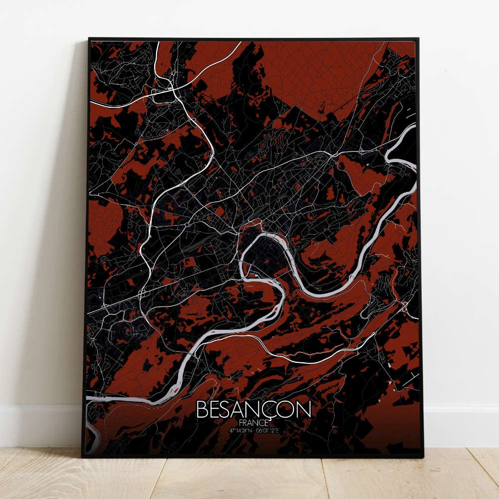 Mapospheres Besancon Red dark full page design poster city map