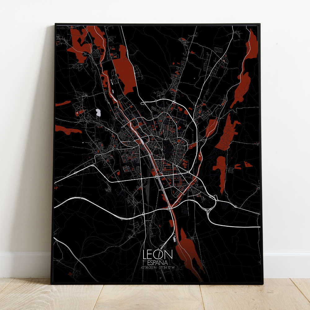 Mapospheres Leon Red dark full page design poster  affichecity map