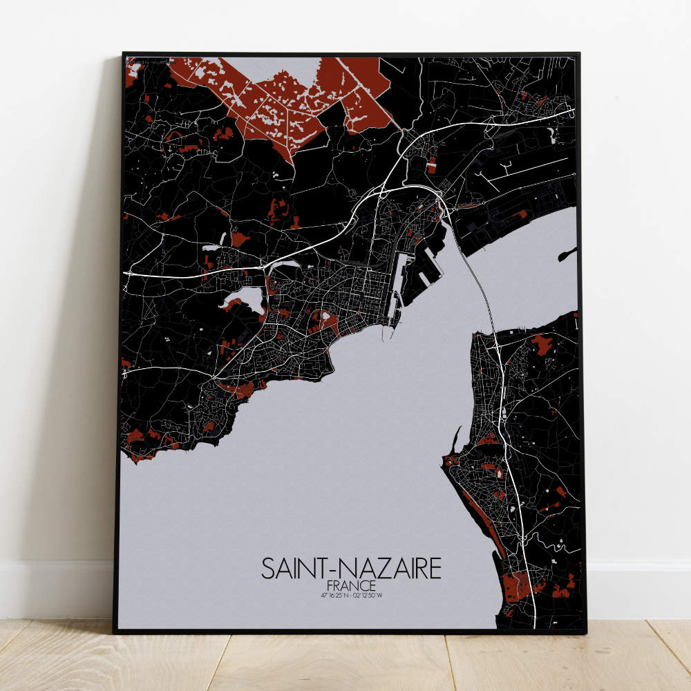 Mapospheres Saint Nazaire Red dark full page design poster city map