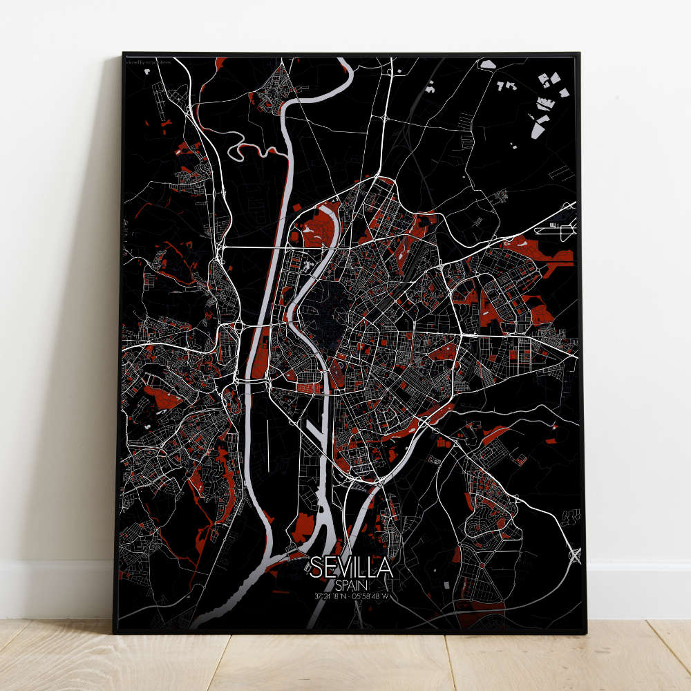 Mapospheres Sevilla Red dark full page design poster  affichecity map