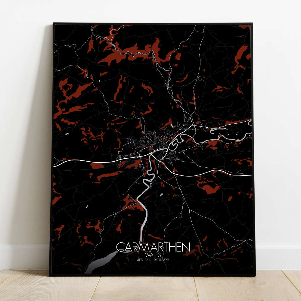 Mapospheres Carmarthen Red dark full page design poster city map