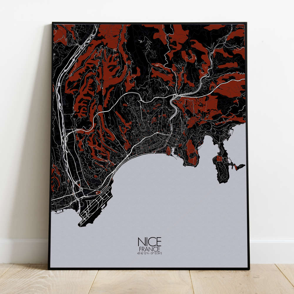 Mapospheres Nice Red dark full page design poster city map