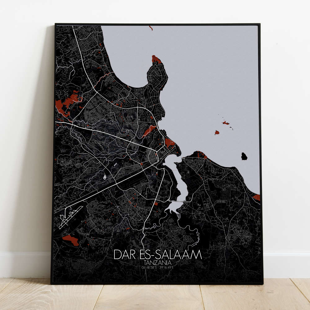 Mapospheres Dar es Salaam Red dark full page design poster  affiche city map