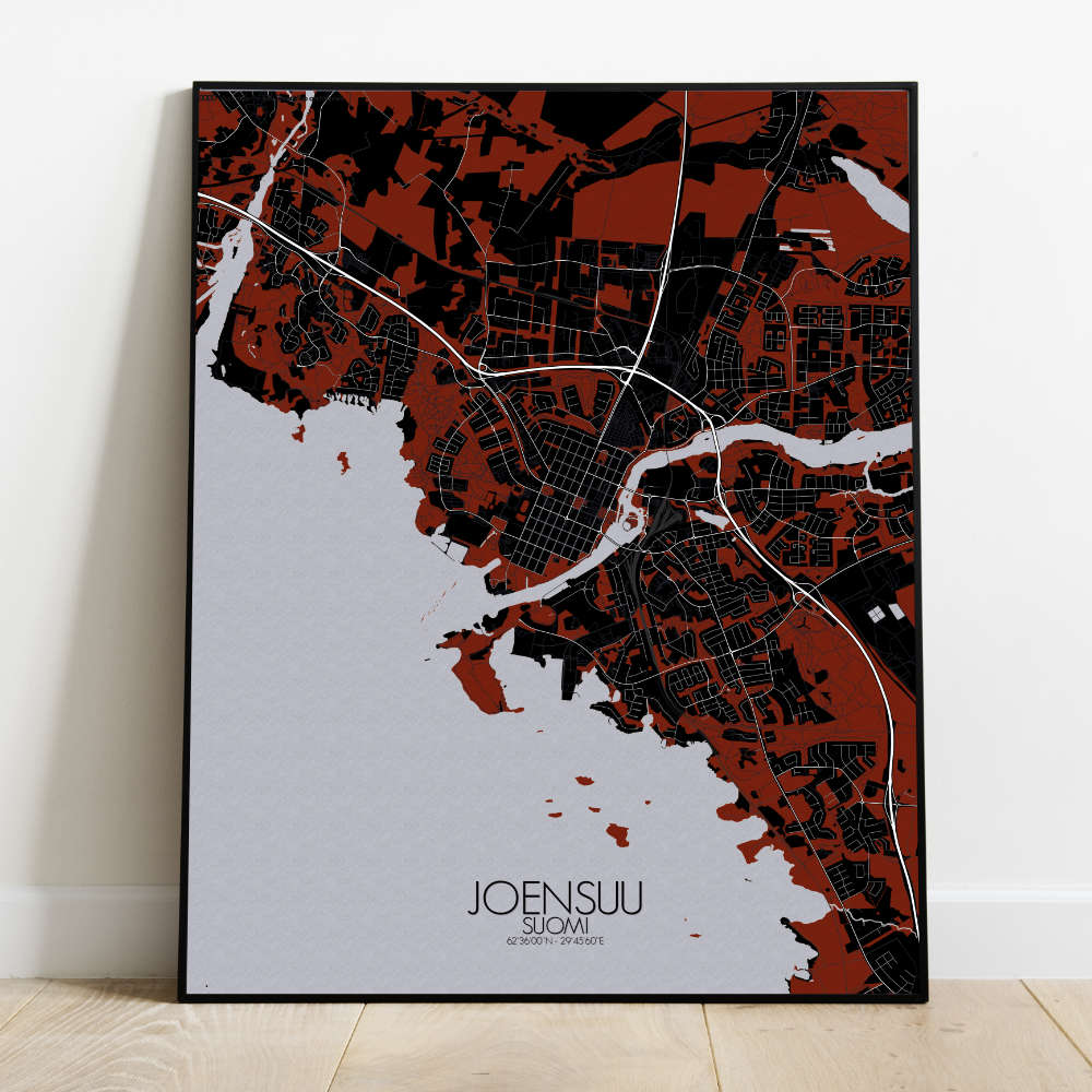 Mapospheres Joensuu Red dark full page design poster city map