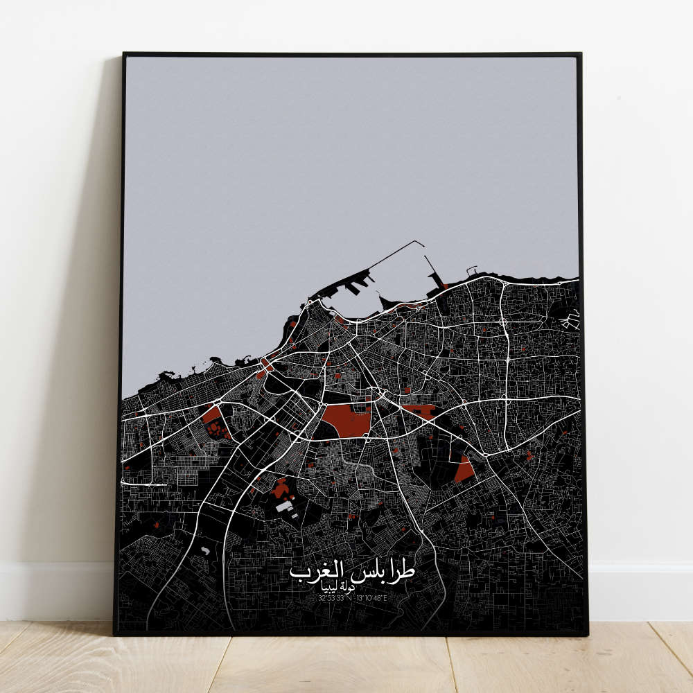 Mapospheres Tripoli Red dark full page design poster  affiche city map