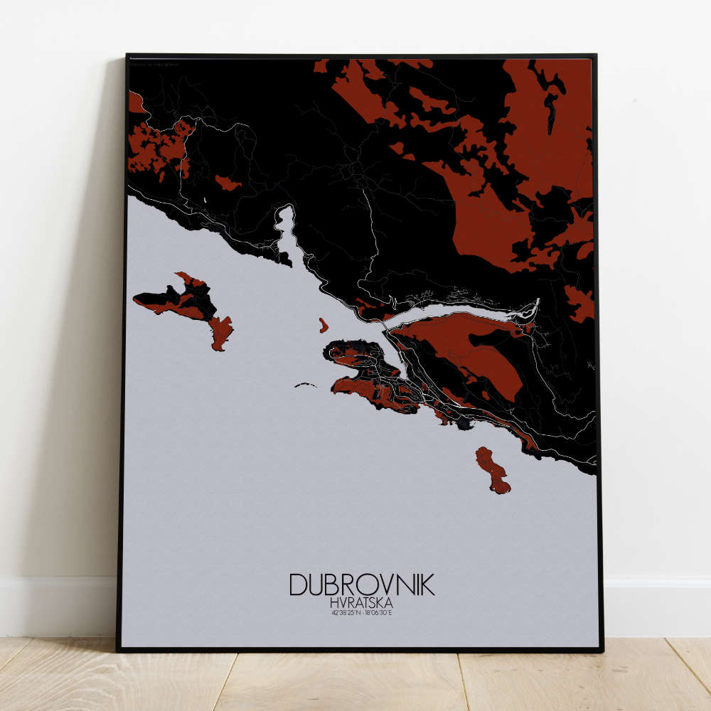 Mapospheres Dubrovnik Red dark full page design poster city map