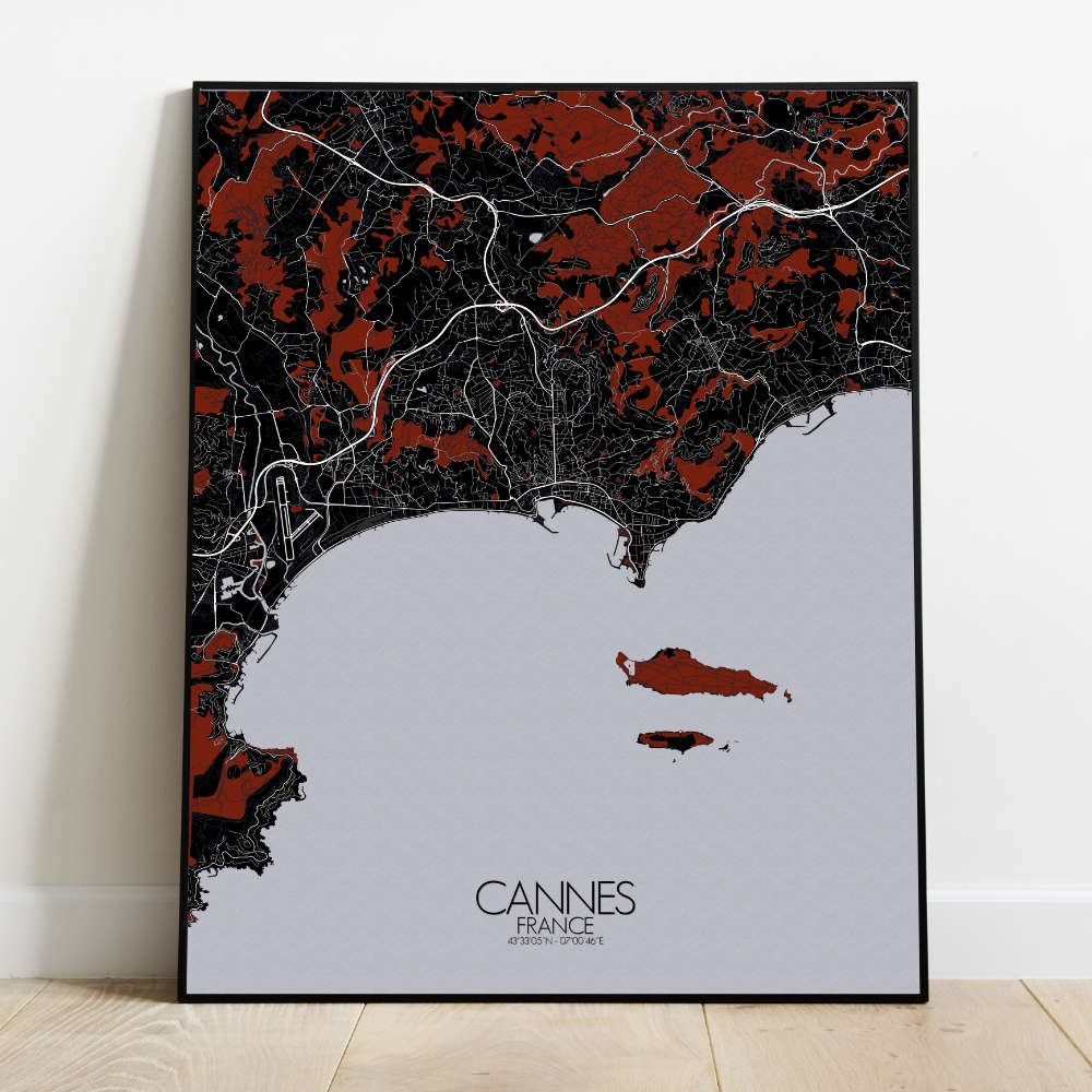 Mapospheres Cannes Red dark full page design poster city map