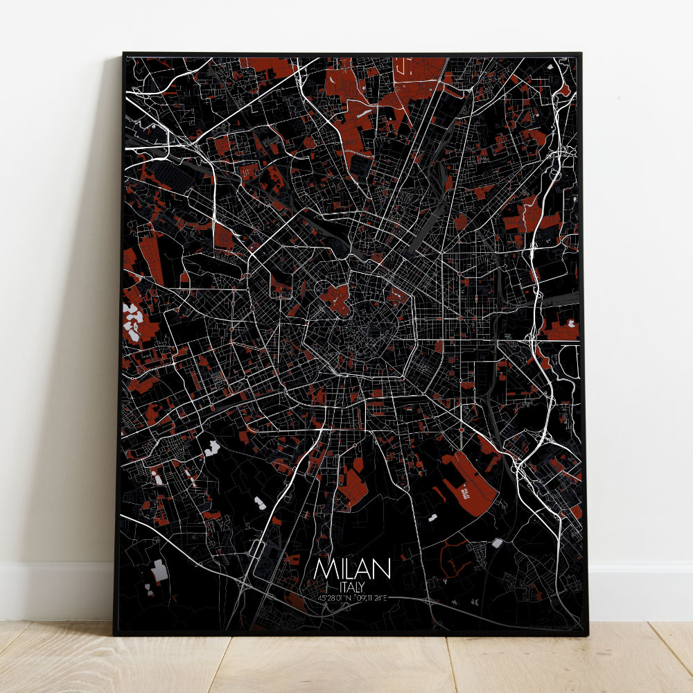 Mapospheres Milan Red dark full page design poster city map