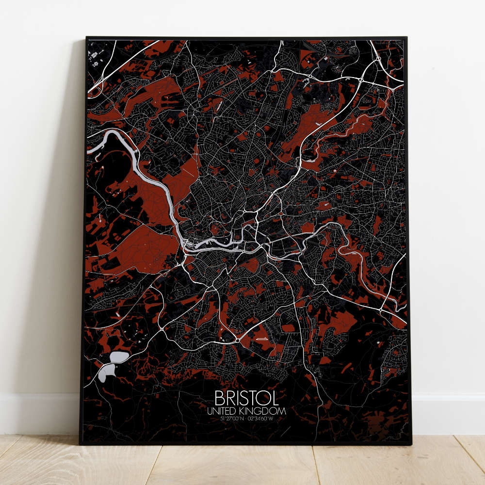 Mapospheres Bristol Red dark full page design poster city map