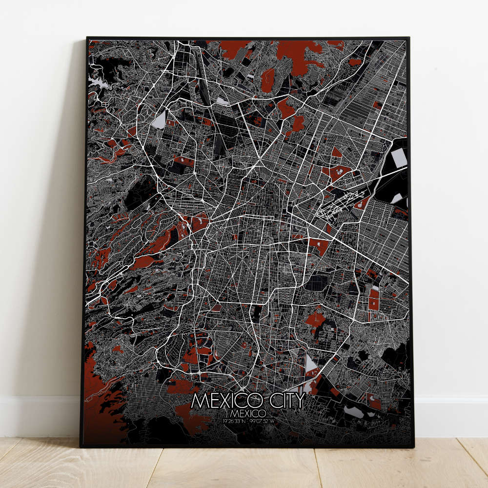 Mapospheres Mexico City Red dark full page design poster  affichecity map