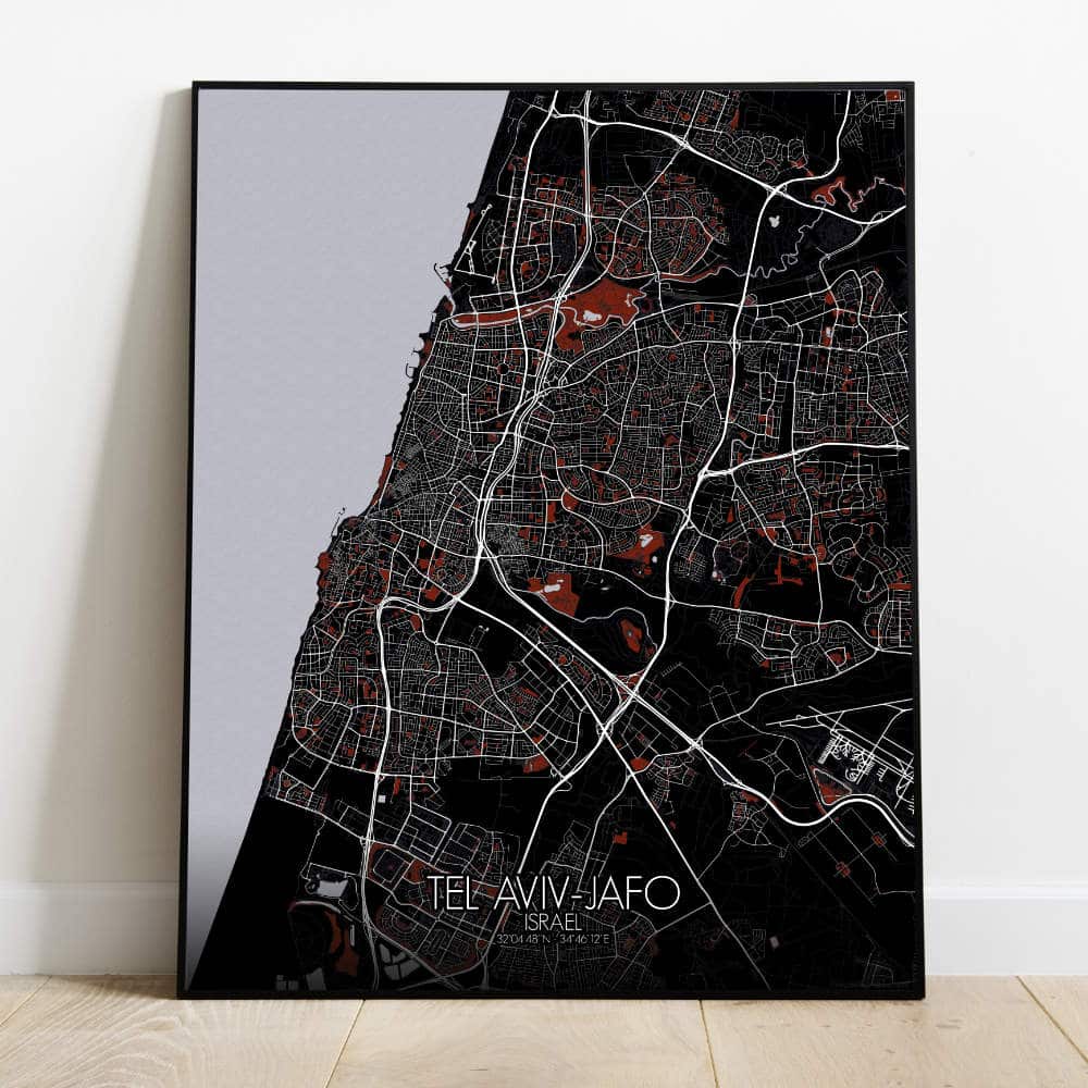 Mapospheres Tel Aviv Yafo Red dark full page design poster city map