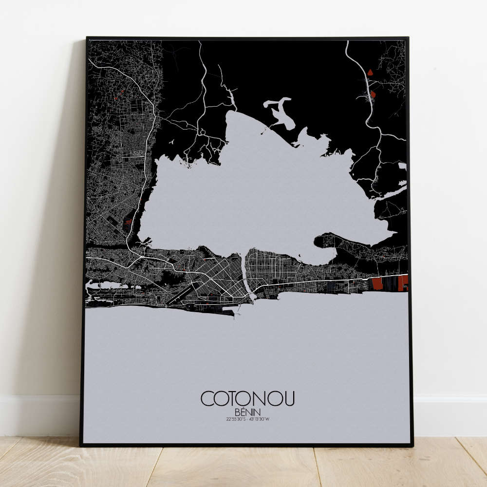 Mapospheres Cotonou Red dark full page design poster city map