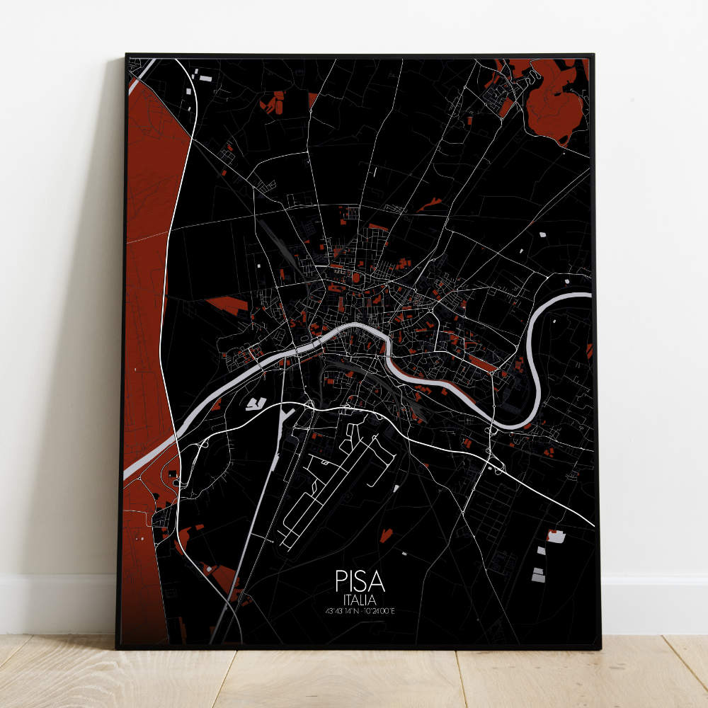 Mapospheres Pisa Red dark full page design poster  affichecity map