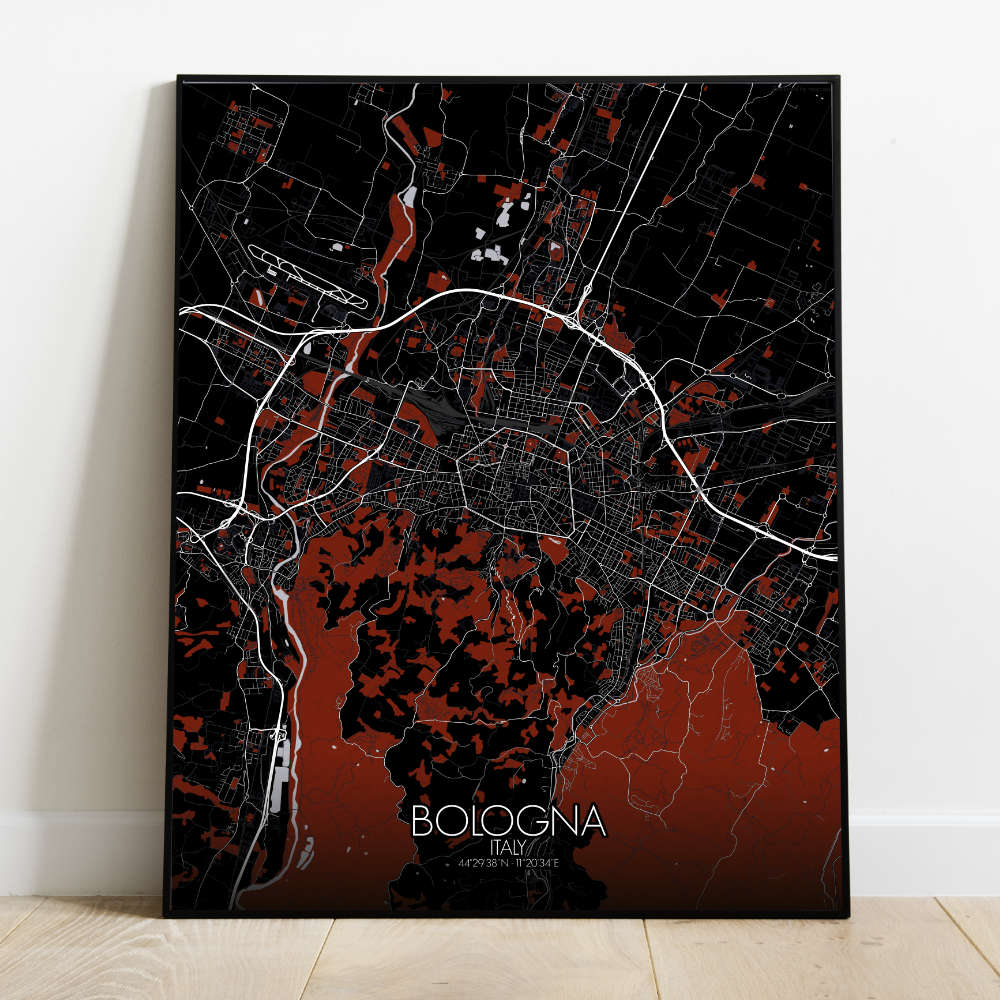 Mapospheres Bologna Red dark full page design poster  affichecity map