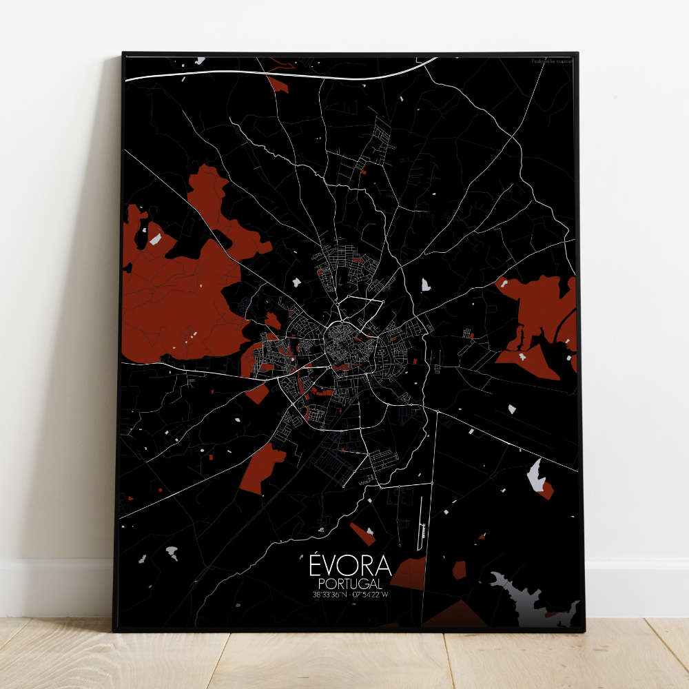 Mapospheres Evora Red dark full page design poster city map